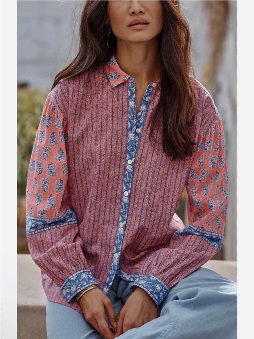 PureJill Indigo Blue Floral Light Weight Organic Cotton in Coral and Blue